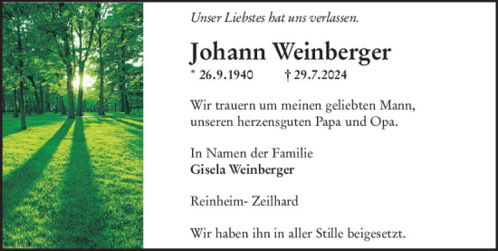 Traueranzeige von Johann Weinberger von Darmstädter Echo