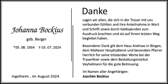 Traueranzeige von Johanna Bockius von Allgemeine Zeitung Rheinhessen-Nahe