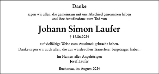 Traueranzeige von Johann Simon Laufer von Hinterländer Anzeiger