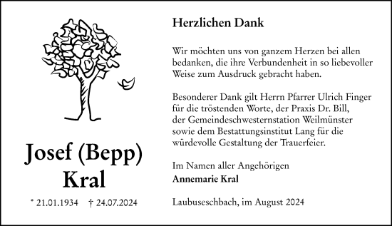 Traueranzeige von Josef Kral von Weilburger Tageblatt