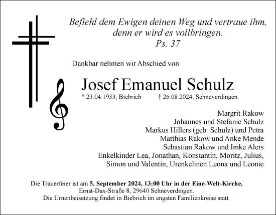Traueranzeige von Josef Emanuel Schulz von Wiesbadener Kurier
