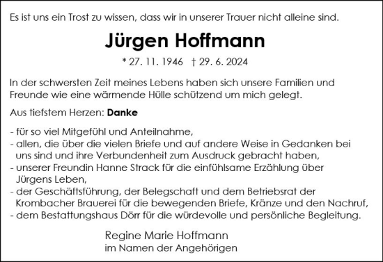 Traueranzeige von Jürgen Hoffmann von Wetzlarer Neue Zeitung