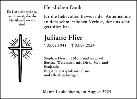 Traueranzeige von Juliane Flier von Allgemeine Zeitung Mainz