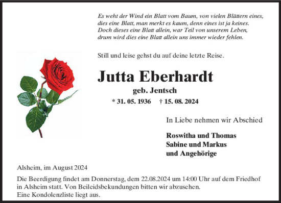 Traueranzeige von Jutta Eberhardt von Wormser Zeitung