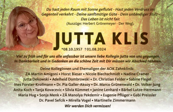 Traueranzeige von Jutta Klis von Allgemeine Zeitung Mainz