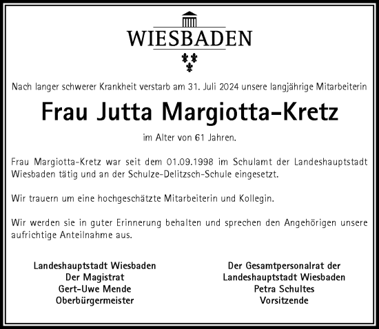 Traueranzeige von Jutta Margiotta-Kretz von Wiesbadener Kurier
