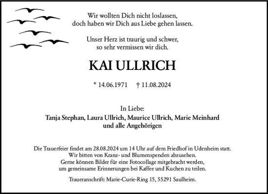 Traueranzeige von Kai Ullrich von Allgemeine Zeitung Mainz
