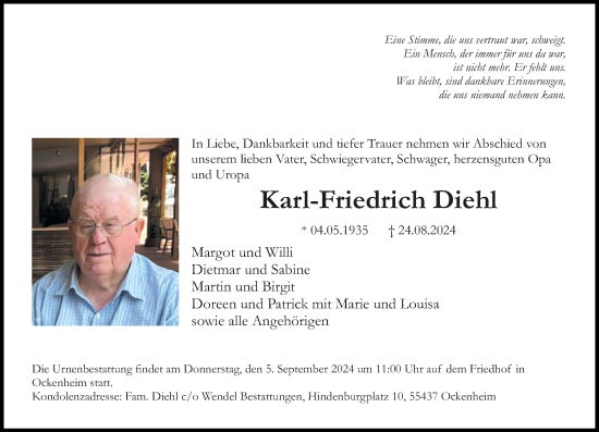 Traueranzeige von Karl-Friedrich Diehl von Allgemeine Zeitung Rheinhessen-Nahe