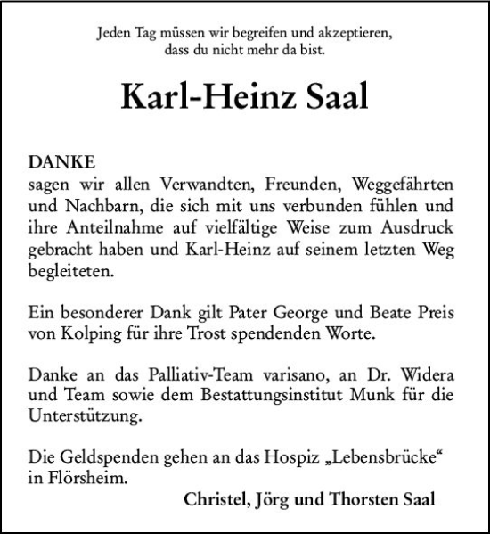 Traueranzeige von Karl-Heinz Saal von Hochheimer Zeitung