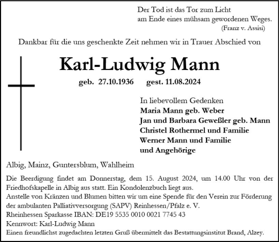 Traueranzeige von Karl-Ludwig Mann von Allgemeine Zeitung Alzey