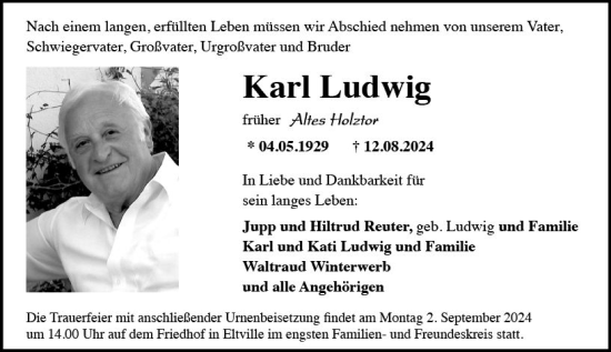 Traueranzeige von Karl Ludwig von Wiesbadener Kurier