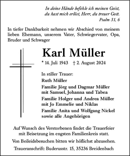 Traueranzeige von Karl Müller von Hinterländer Anzeiger