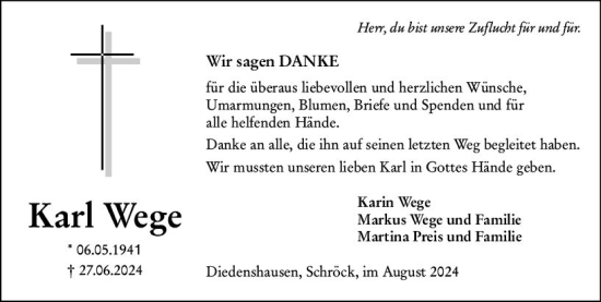 Traueranzeige von Karl Wege von Hinterländer Anzeiger