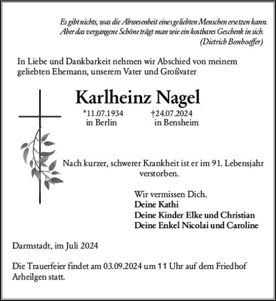 Traueranzeige von Karlheinz Nagel von Darmstädter Echo