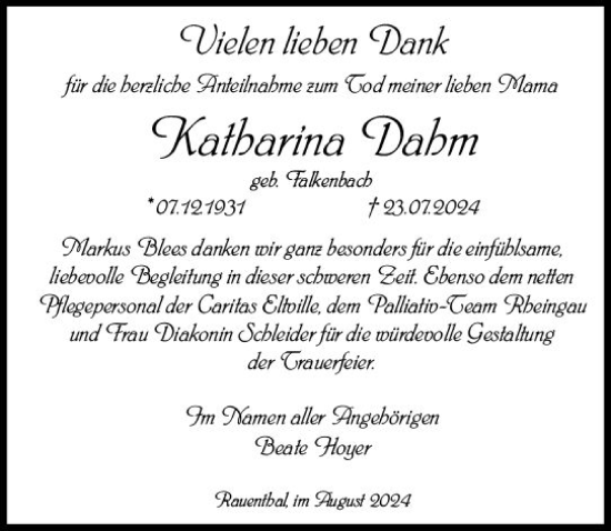 Traueranzeige von Katharina Dahm von Rheingau Kurier