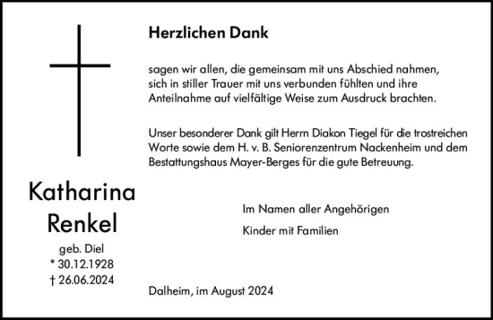 Traueranzeige von Katharina Renkel von Allgemeine Zeitung Mainz