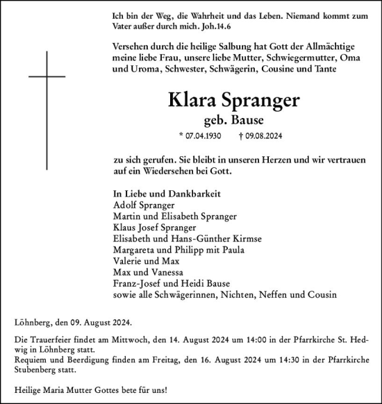 Traueranzeige von Klara Spranger von Weilburger Tageblatt
