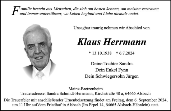 Traueranzeige von Klaus Herrmann von Allgemeine Zeitung Mainz