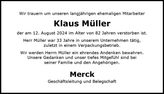 Traueranzeige von Klaus Müller von Darmstädter Echo