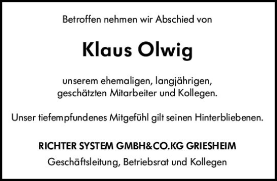Traueranzeige von Klaus Olwig von Darmstädter Echo