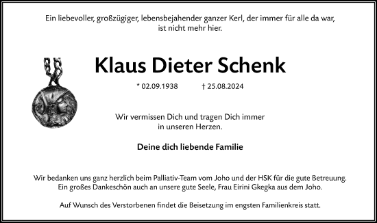 Traueranzeige von Klaus Dieter Schenk von Wiesbadener Kurier