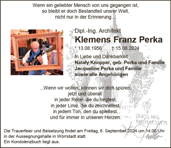 Traueranzeige von Klemens Perka von Allgemeine Zeitung Alzey