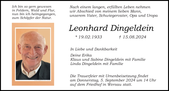 Traueranzeige von Leonhard Dingeldein von Odenwälder Echo