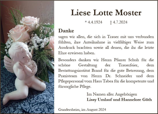 Traueranzeige von Liese Lotte Moster von Wormser Zeitung