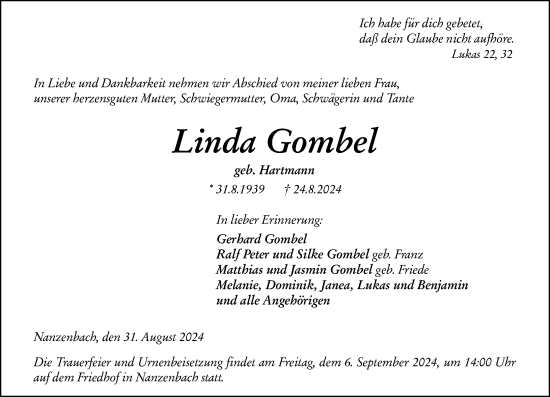 Traueranzeige von Linda Gombel von Dill Block