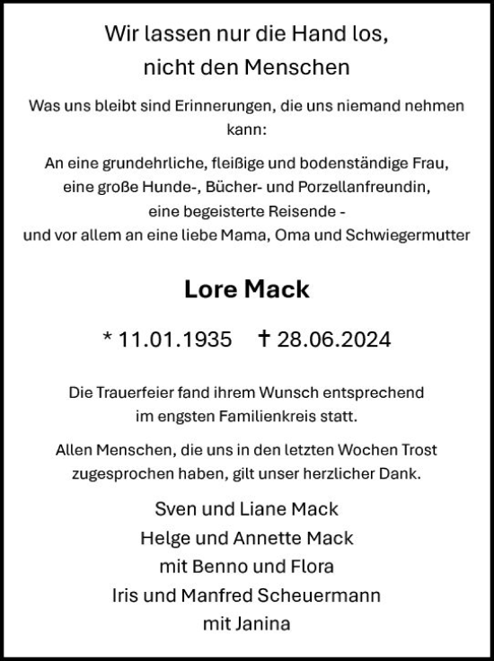 Traueranzeige von Lore Mack von Rüsselsheimer Echo