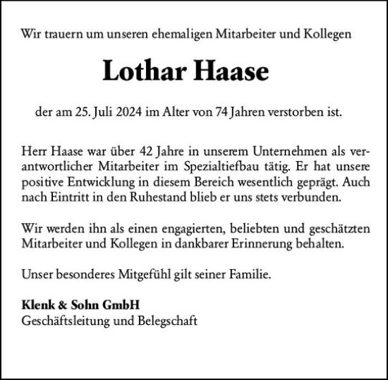 Traueranzeige von Lothar Haase von Darmstädter Echo