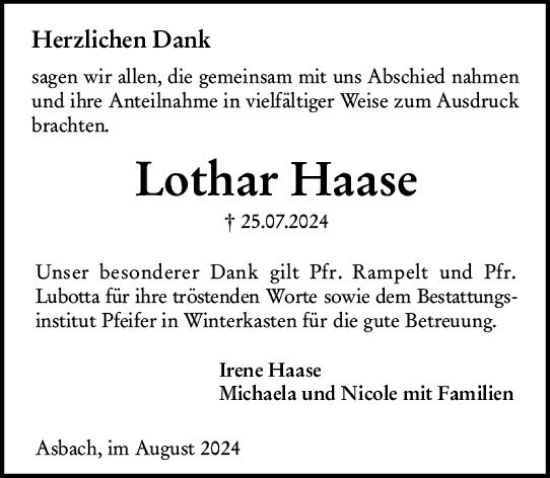 Traueranzeige von Lothar Haase von Darmstädter Echo