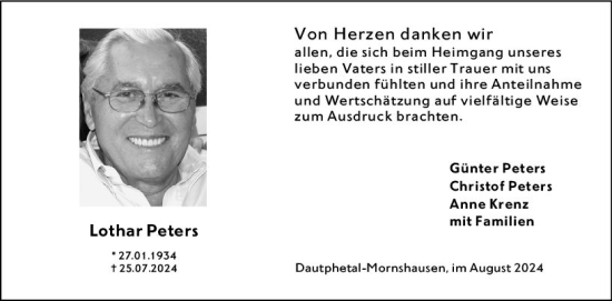 Traueranzeige von Lothar Peters von Hinterländer Anzeiger