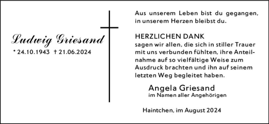 Traueranzeige von Ludwig Griesand von Camberger Anzeiger