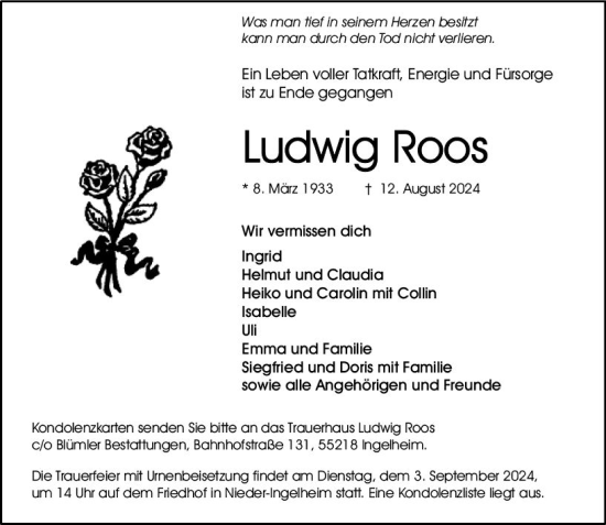 Traueranzeige von Ludwig Roos von Allgemeine Zeitung Rheinhessen-Nahe