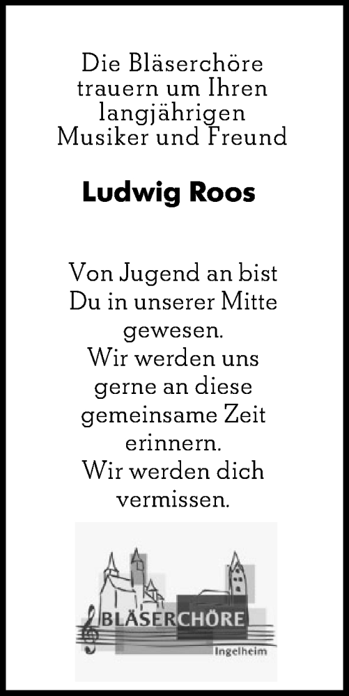 Traueranzeige von Ludwig Roos von Allgemeine Zeitung Rheinhessen-Nahe