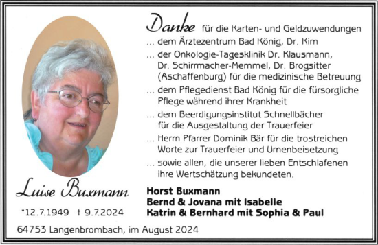 Traueranzeige von Luise Buxmann von Odenwälder Echo