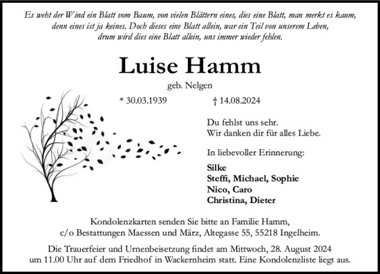 Traueranzeige von Luise Hamm von Allgemeine Zeitung Rheinhessen-Nahe