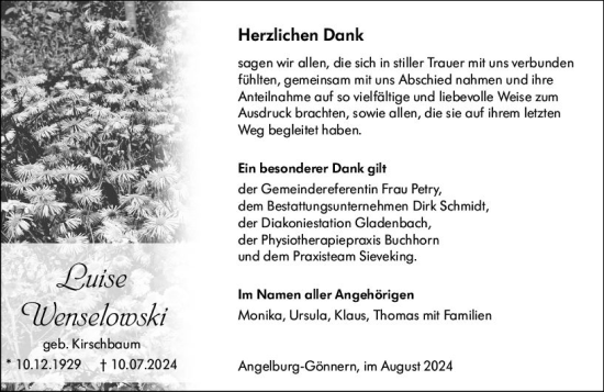 Traueranzeige von Luise Wenselowski von Hinterländer Anzeiger