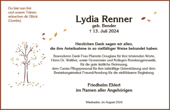 Traueranzeige von Lydia Renner von Wiesbadener Kurier