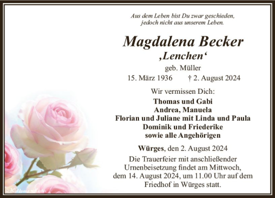 Traueranzeige von Magdalena Becker von Camberger Anzeiger