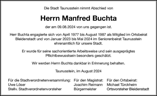 Traueranzeige von Manfred Buchta von Idsteiner Land/Untertaunus