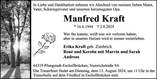Traueranzeige von Manfred Kraft von Darmstädter Echo