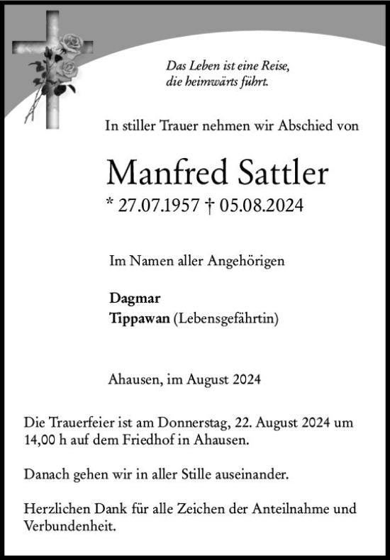 Traueranzeige von Manfred Sattler von Weilburger Tageblatt