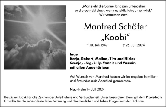 Traueranzeige von Manfred Schäfer von Wetzlarer Neue Zeitung