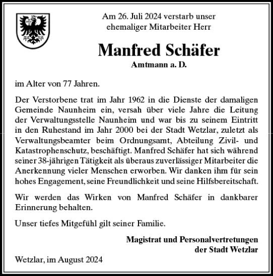 Traueranzeige von Manfred Schäfer von Wetzlarer Neue Zeitung
