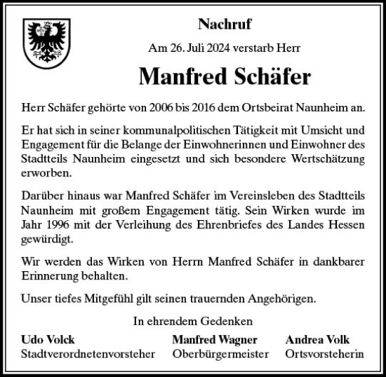 Traueranzeige von Manfred Schäfer von Wetzlarer Neue Zeitung