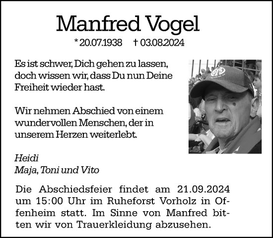 Traueranzeige von Manfred Vogel von Allgemeine Zeitung Mainz