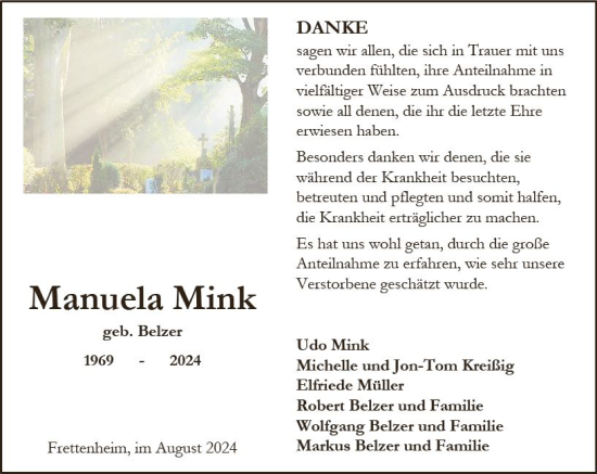 Traueranzeige von Manuela Mink von Allgemeine Zeitung Alzey