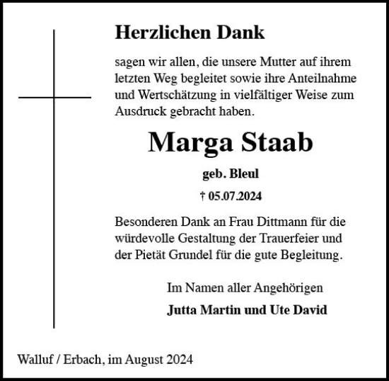 Traueranzeige von Marga Staab von Rheingau Kurier
